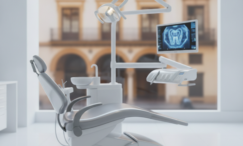 Un interior de clínica dental moderna y prístina en Sevilla. Una silla dental ergonómica y equipamiento de alta tecnología como una luz dental y una pantalla borrosa con un escáner dental digital son visibles. A través de una ventana grande y borrosa en el fondo, se insinúa la arquitectura tradicional de Sevilla con tonos cálidos.