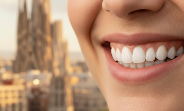 Primer plano fotorealista de una sonrisa natural y brillante con dientes perfectamente alineados, en un fondo suavemente desenfocado de elementos arquitectónicos y cityscape de Barcelona.