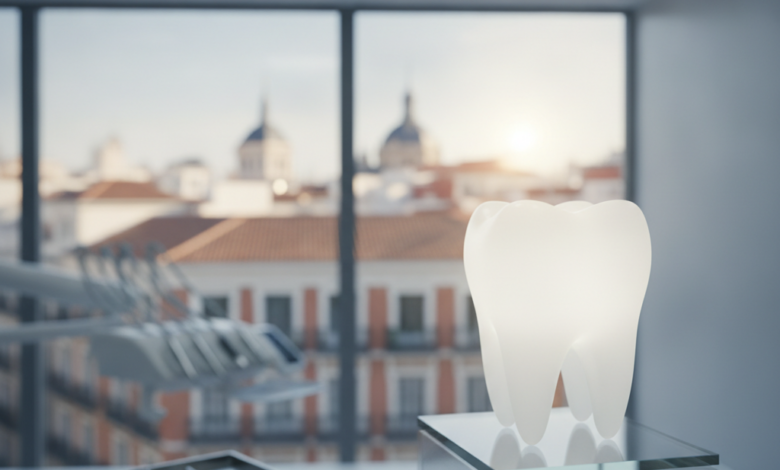 Una imagen fotorealista de un diente blanco y radiante que simboliza la salud dental, situado en un entorno de clínica moderna y limpia. Al fondo, a través de una ventana borrosa, se distingue un perfil urbano genérico de Madrid con arquitectura característica, sin texto visible. La escena enfatiza la odontología de calidad en la capital española.