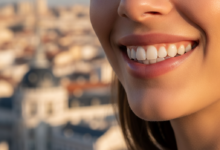 Primer plano fotorrealista de una sonrisa confiada y radiante con dientes blancos y perfectamente alineados. El fondo está desenfocado, mostrando una silueta del paisaje urbano de Madrid con efecto bokeh.