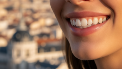 Primer plano fotorrealista de una sonrisa confiada y radiante con dientes blancos y perfectamente alineados. El fondo está desenfocado, mostrando una silueta del paisaje urbano de Madrid con efecto bokeh.