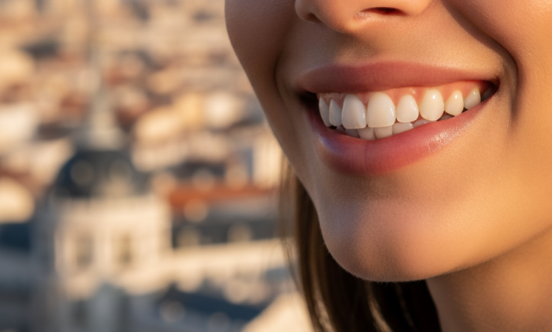 Primer plano fotorrealista de una sonrisa confiada y radiante con dientes blancos y perfectamente alineados. El fondo está desenfocado, mostrando una silueta del paisaje urbano de Madrid con efecto bokeh.
