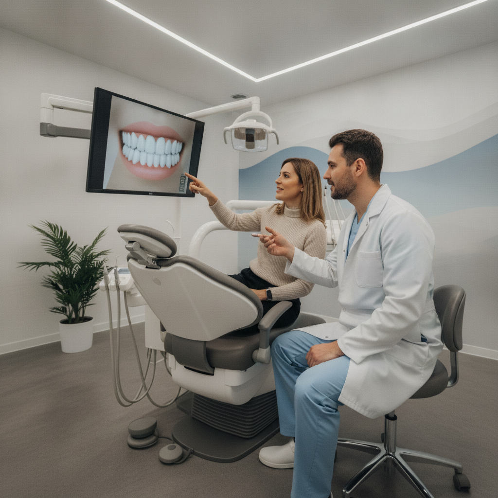 Diseño de sonrisa digital interactivo con dentista. Mejores Dentistas Estéticos en España emplean tecnología de diseño digital para visualizar la sonrisa ideal del paciente.