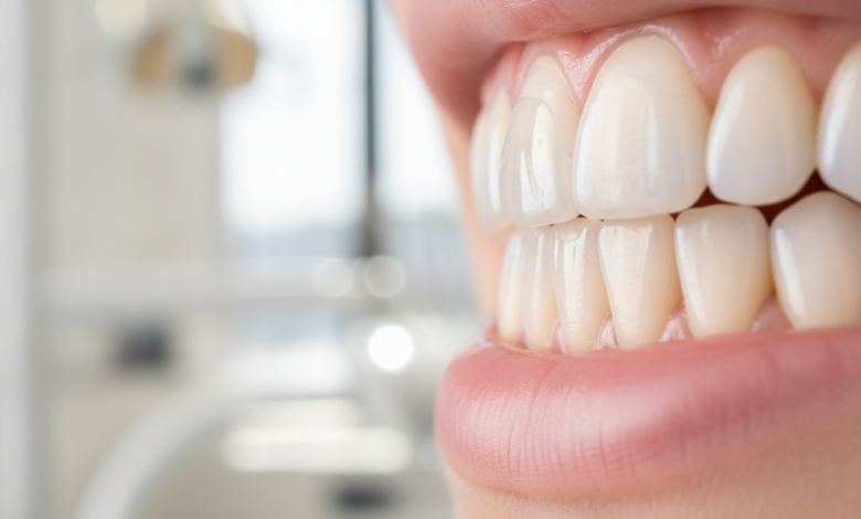 Imagen detallada y fotorrealista de dos dientes. Un diente muestra una fina carilla dental translúcida en la superficie frontal, y otro diente adyacente exhibe una corona dental completa que cubre toda su estructura, ambos con un acabado natural y saludable. Fondo borroso de clínica dental moderna.