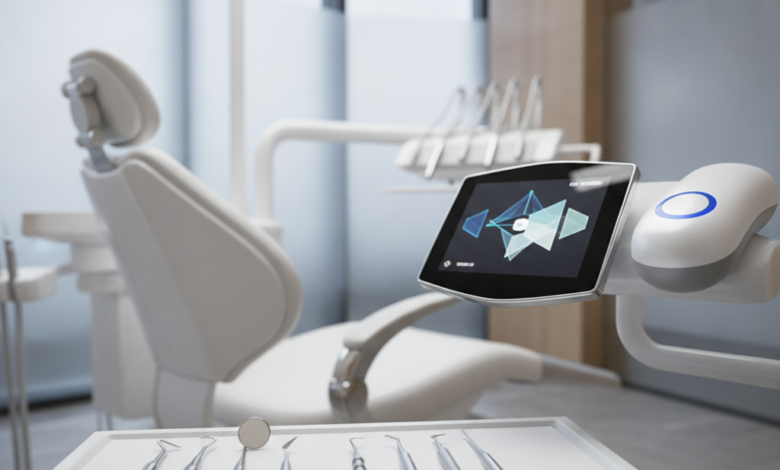 Primer plano de instrumentos dentales de alta precisión y un equipo dental moderno y ergonómico, en un entorno de clínica dental limpia y luminosa con fondo borroso. La escena transmite profesionalismo, tecnología avanzada y un alto estándar de calidad en el cuidado bucal.