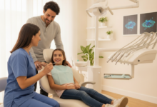 Una familia hispana (posiblemente un padre y un hijo) interactuando positivamente con un dentista amable en una clínica dental moderna y luminosa en España, con equipo de última generación borroso en el fondo.