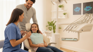 Una familia hispana (posiblemente un padre y un hijo) interactuando positivamente con un dentista amable en una clínica dental moderna y luminosa en España, con equipo de última generación borroso en el fondo.