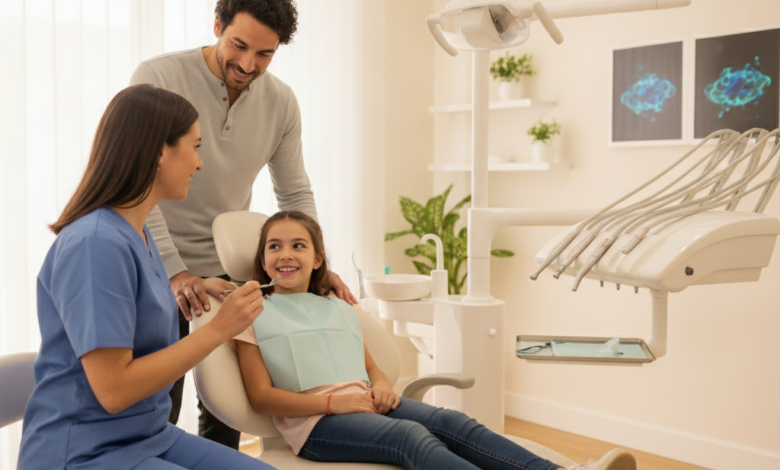 Una familia hispana (posiblemente un padre y un hijo) interactuando positivamente con un dentista amable en una clínica dental moderna y luminosa en España, con equipo de última generación borroso en el fondo.
