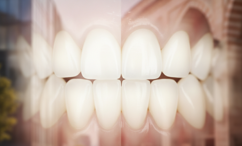 Una imagen conceptual que compara el turismo dental en España y Turquía, con un diente blanco estilizado en primer plano y fondos borrosos que representan sutilmente la arquitectura europea (izquierda) y turca (derecha).