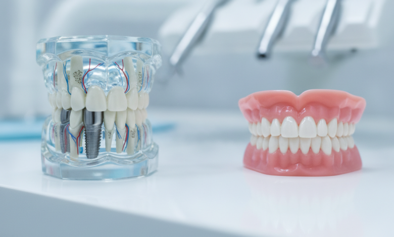 Una imagen fotorealista que compara un implante dental integrado en un modelo de mandíbula con una dentadura postiza en una clínica dental moderna.