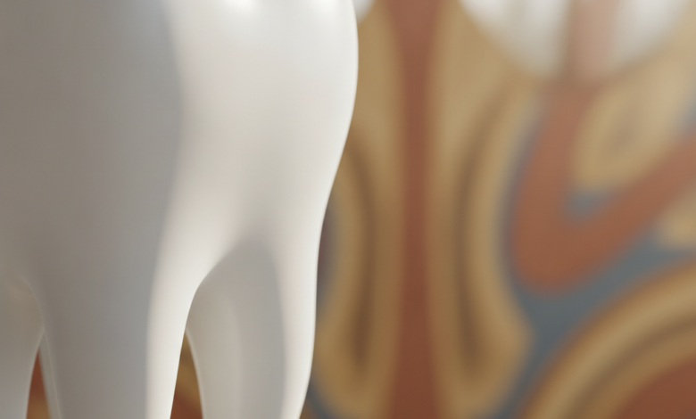 Una representación fotorealista de un diente molar perfecto y brillante, con un suave desenfoque de fondo que sugiere arquitectura española, simbolizando la odontología moderna y las opciones avanzadas como implantes y puentes.