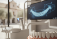Un primer plano de un modelo dental con una sonrisa blanca y perfecta, rodeado de tecnología dental moderna y borrosa como un escáner 3D y una pantalla de diseño digital, en una clínica luminosa y con un fondo sutilmente español.