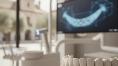 Un primer plano de un modelo dental con una sonrisa blanca y perfecta, rodeado de tecnología dental moderna y borrosa como un escáner 3D y una pantalla de diseño digital, en una clínica luminosa y con un fondo sutilmente español.