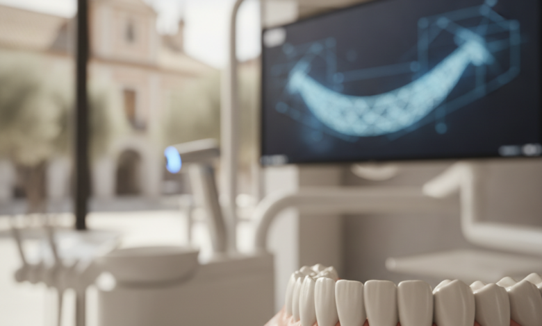 Un primer plano de un modelo dental con una sonrisa blanca y perfecta, rodeado de tecnología dental moderna y borrosa como un escáner 3D y una pantalla de diseño digital, en una clínica luminosa y con un fondo sutilmente español.