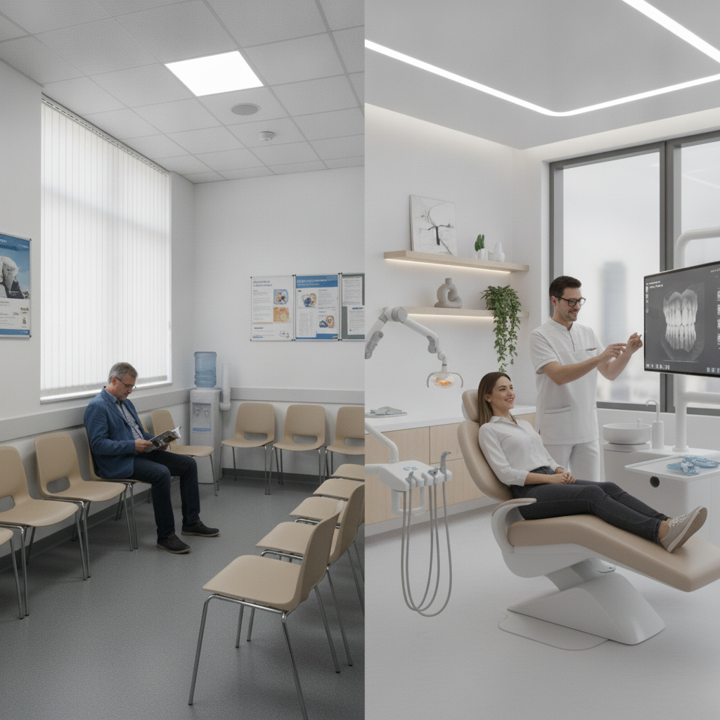 Opciones de servicio dental en España Dentista Público vs Privado España, una visualización clara de las diferencias en cobertura y servicios.