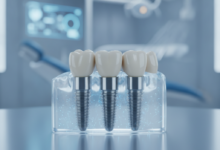 Modern, steril bir ortamda, diş implantlarını ve sağlıklı bir çeneyi temsil eden kavramsal bir görüntü. Ön planda odaklanmış, stilize edilmiş dental implantlar, arka planda hafifçe bulanık bir gülümseme veya çene hattı. Temiz, teknolojik ve profesyonel bir his veren bir sahne.