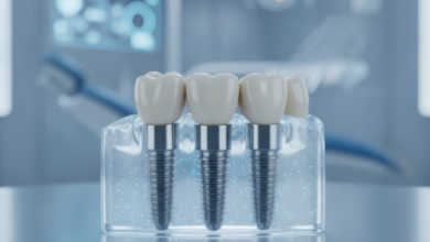 Modern, steril bir ortamda, diş implantlarını ve sağlıklı bir çeneyi temsil eden kavramsal bir görüntü. Ön planda odaklanmış, stilize edilmiş dental implantlar, arka planda hafifçe bulanık bir gülümseme veya çene hattı. Temiz, teknolojik ve profesyonel bir his veren bir sahne.