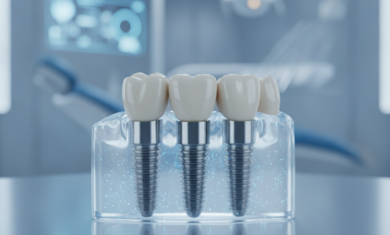 Modern, steril bir ortamda, diş implantlarını ve sağlıklı bir çeneyi temsil eden kavramsal bir görüntü. Ön planda odaklanmış, stilize edilmiş dental implantlar, arka planda hafifçe bulanık bir gülümseme veya çene hattı. Temiz, teknolojik ve profesyonel bir his veren bir sahne.