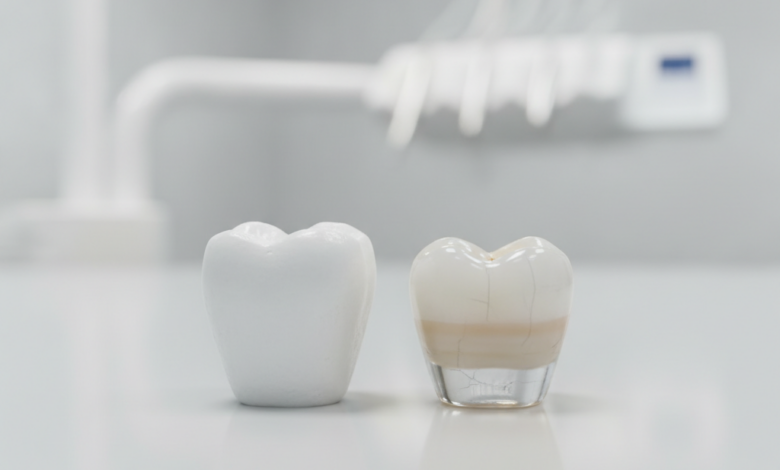 Una imagen fotorealista de primer plano que muestra dos coronas dentales lado a lado. A la izquierda, una corona de color blanco opaco que simboliza la fuerza del zirconio. A la derecha, una corona translúcida y estratificada que representa la estética de la porcelana. Ambas están sobre una superficie limpia con un fondo borroso de un laboratorio dental.