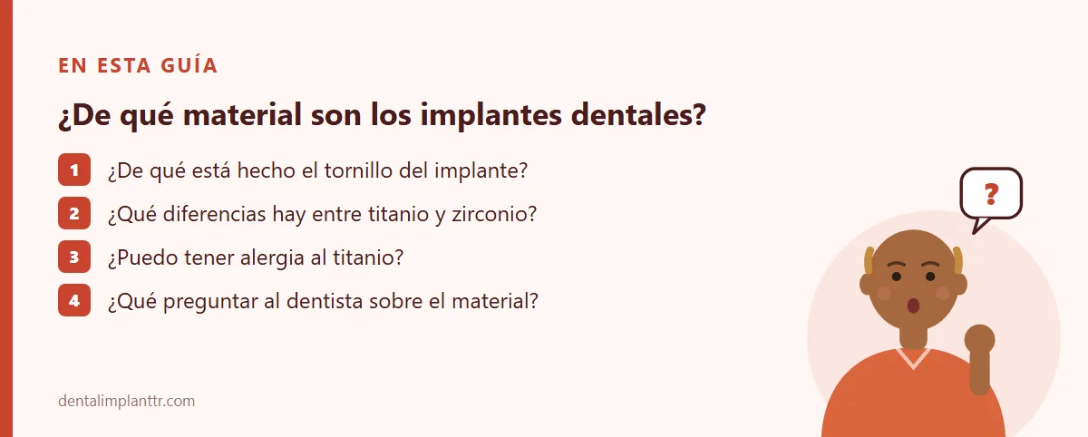 Resumen: ¿De qué está hecho el tornillo del implante? · ¿Qué diferencias hay entre titanio y zirconio? · ¿Puedo tener alergia al titanio? · ¿Qué preguntar al dentista sobre el material?