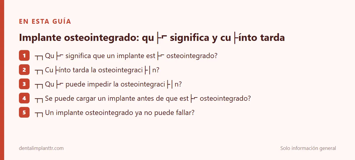 Resumen: ┬┐Qu├⌐ significa que un implante est├⌐ osteointegrado? · ┬┐Cu├ínto tarda la osteointegraci├│n? · ┬┐Qu├⌐ puede impedir la osteointegraci├│n? · ┬┐Se puede cargar un implante antes de que est├⌐ osteointegrado? · ┬┐Un implante osteointegrado ya 