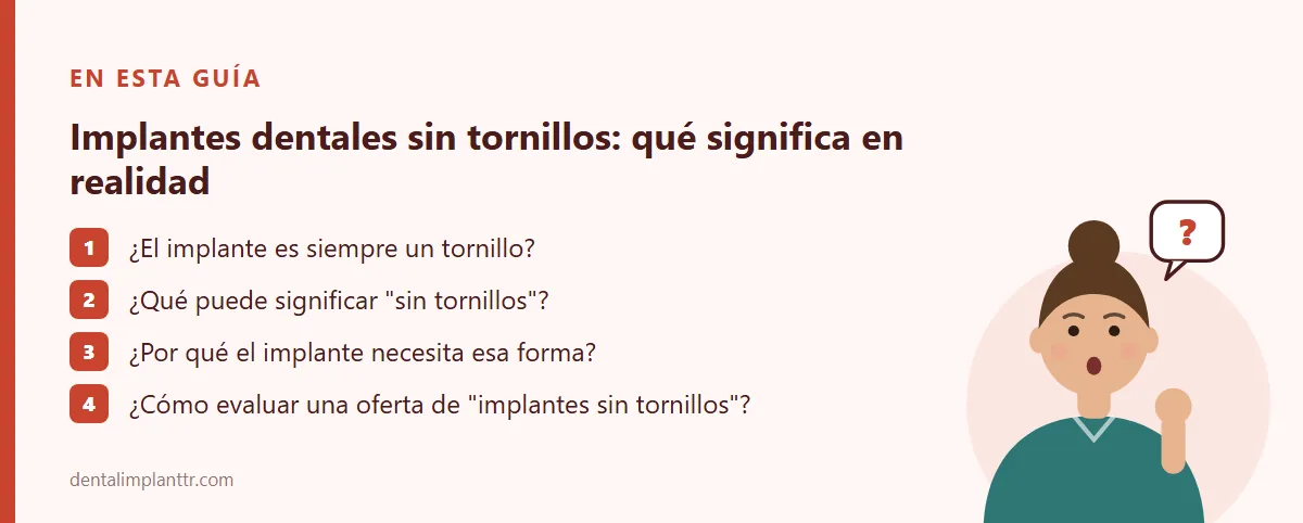 Resumen: ¿El implante es siempre un tornillo? · ¿Qué puede significar "sin tornillos"? · ¿Por qué el implante necesita esa forma? · ¿Cómo evaluar una oferta de "implantes sin tornillos"?