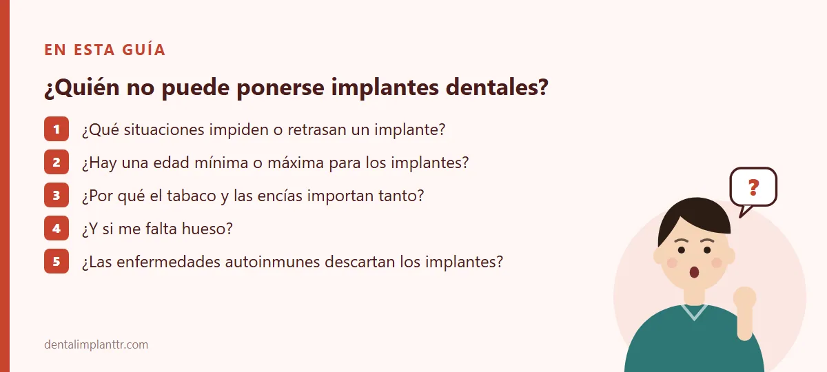 Resumen: ¿Qué situaciones impiden o retrasan un implante? · ¿Hay una edad mínima o máxima para los implantes? · ¿Por qué el tabaco y las encías importan tanto? · ¿Y si me falta hueso? · ¿Las enfermedades autoinmunes descartan los implantes?