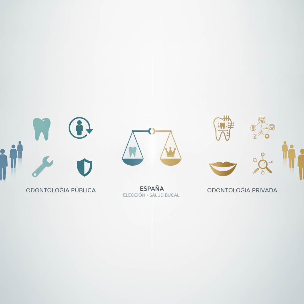 Comparativa de atención dental en España Dentista Público vs Privado España, una representación visual de la elección entre ambos sistemas de atención.
