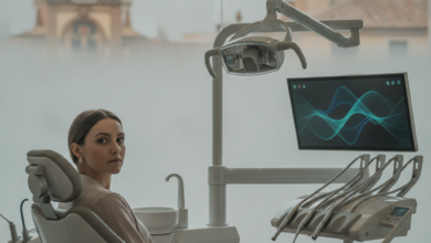 Una persona sentada pensativamente en una silla de dentista moderna y luminosa, rodeada de equipo dental de alta tecnología. A través de una ventana borrosa, se insinúa un paisaje urbano español, representando la decisión entre servicios dentales públicos y privados en España.
