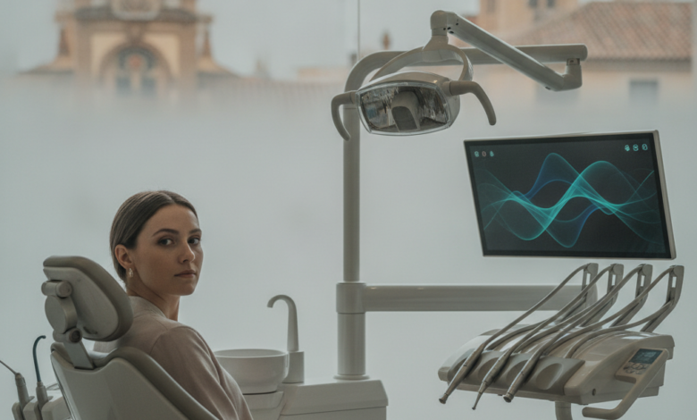 Una persona sentada pensativamente en una silla de dentista moderna y luminosa, rodeada de equipo dental de alta tecnología. A través de una ventana borrosa, se insinúa un paisaje urbano español, representando la decisión entre servicios dentales públicos y privados en España.
