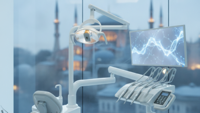 Interior de una clínica dental moderna y de alta tecnología con una silla dental ergonómica y herramientas avanzadas. A través de una ventana borrosa en el fondo, se vislumbra la silueta de un monumento icónico de Estambul.