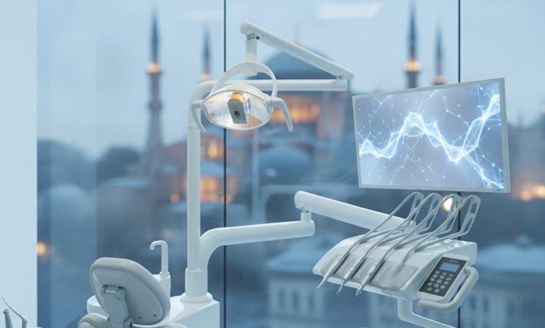 Interior de una clínica dental moderna y de alta tecnología con una silla dental ergonómica y herramientas avanzadas. A través de una ventana borrosa en el fondo, se vislumbra la silueta de un monumento icónico de Estambul.